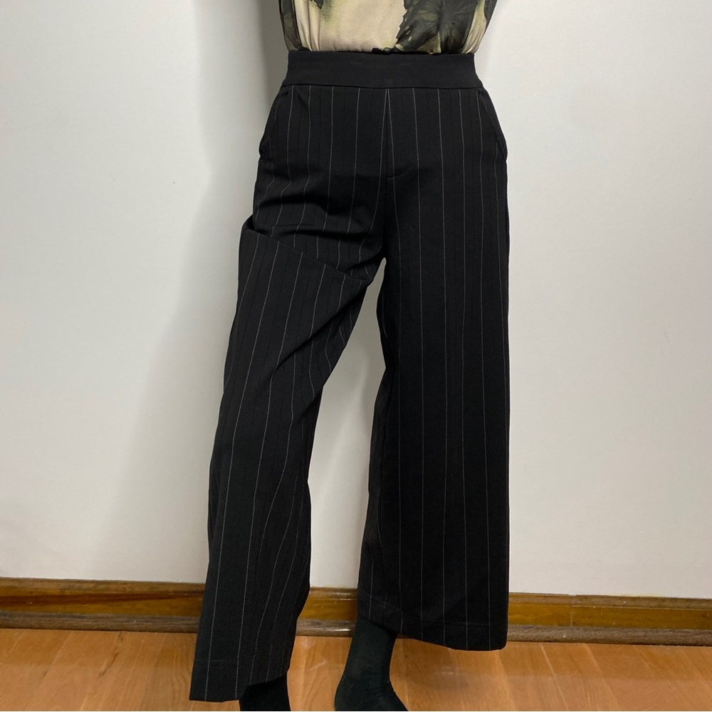 Cropped Wide Leg Pants Ultra Wide Leg Sailor Pants Black with Pinstripes